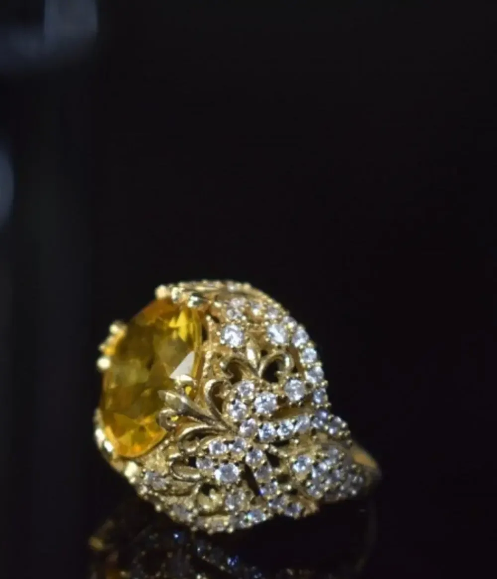 925 Sterling Silver Yellow Alpanite & CZ Ring Size 8 Turkey